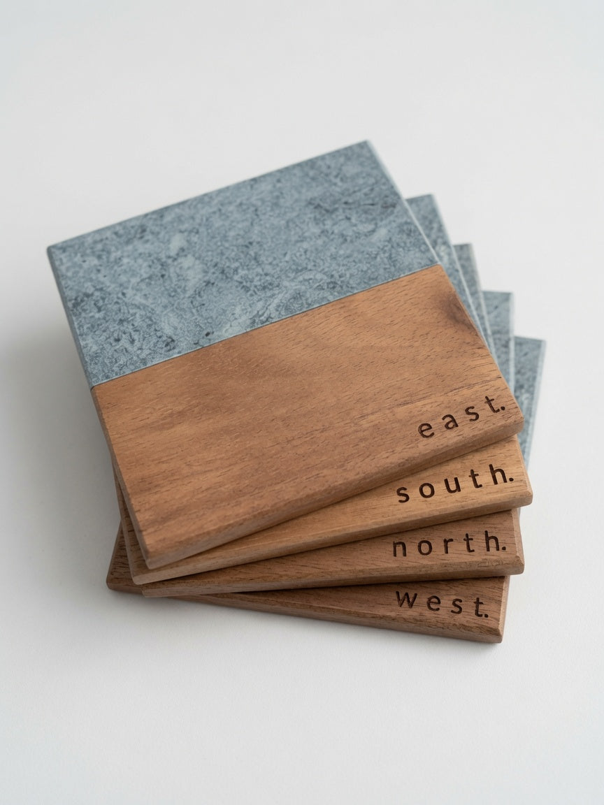Mahjong Dealer/Winds Engraved Marble & Wood Coaster Set