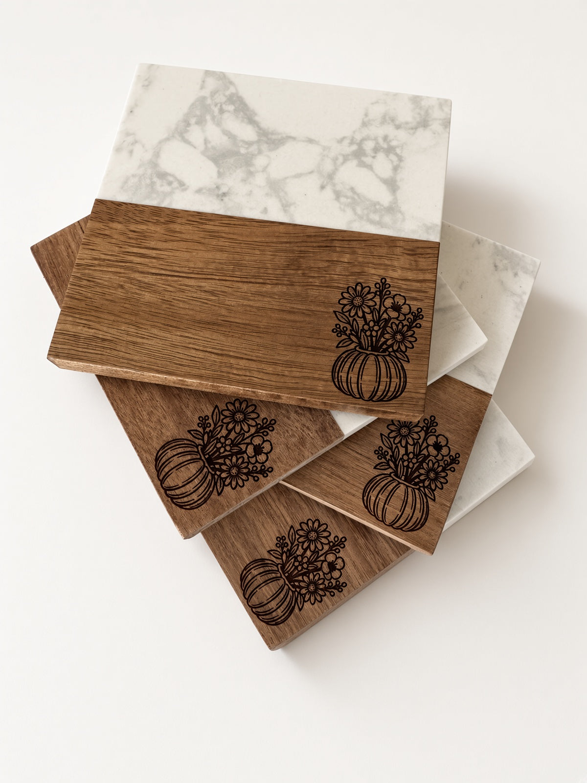 Wildflower Pumpkin 4-Piece Wood and Marble Coasters