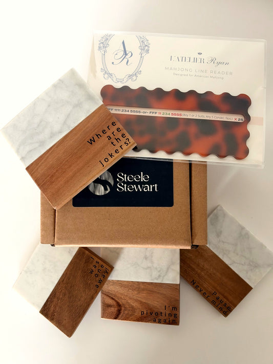 Mahjong Night gift set: four engraved marble and wood Mahjong sayings coasters, tortoiseshell line reader and Steele Stewart gift box