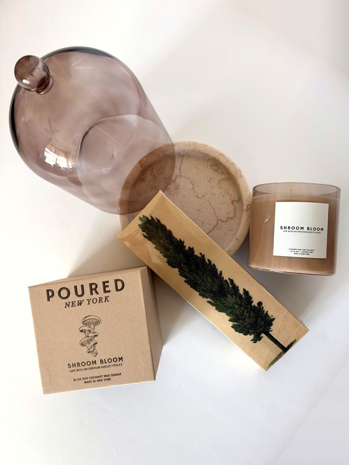 Mushroom Candle gift set: tinted mushroom glass cloche with travertine base, Shroom Bloom candle with box and Tall Trees safety matches