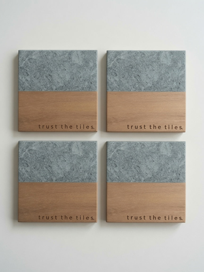 "Trust the Tiles" Mahjong Engraved Marble & Wood Coaster Set