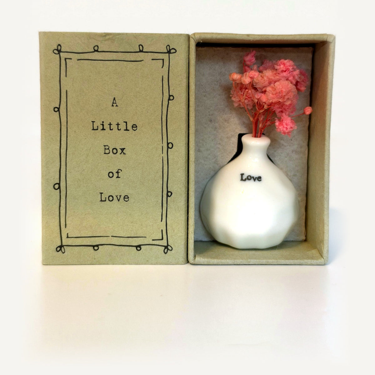 Love tiny vase gift box: white porcelain vase with pink dried flowers beside a card reading A Little Box of Love