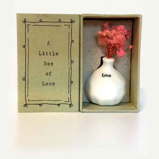 Love tiny vase gift box: white porcelain vase with pink dried flowers beside a card reading A Little Box of Love