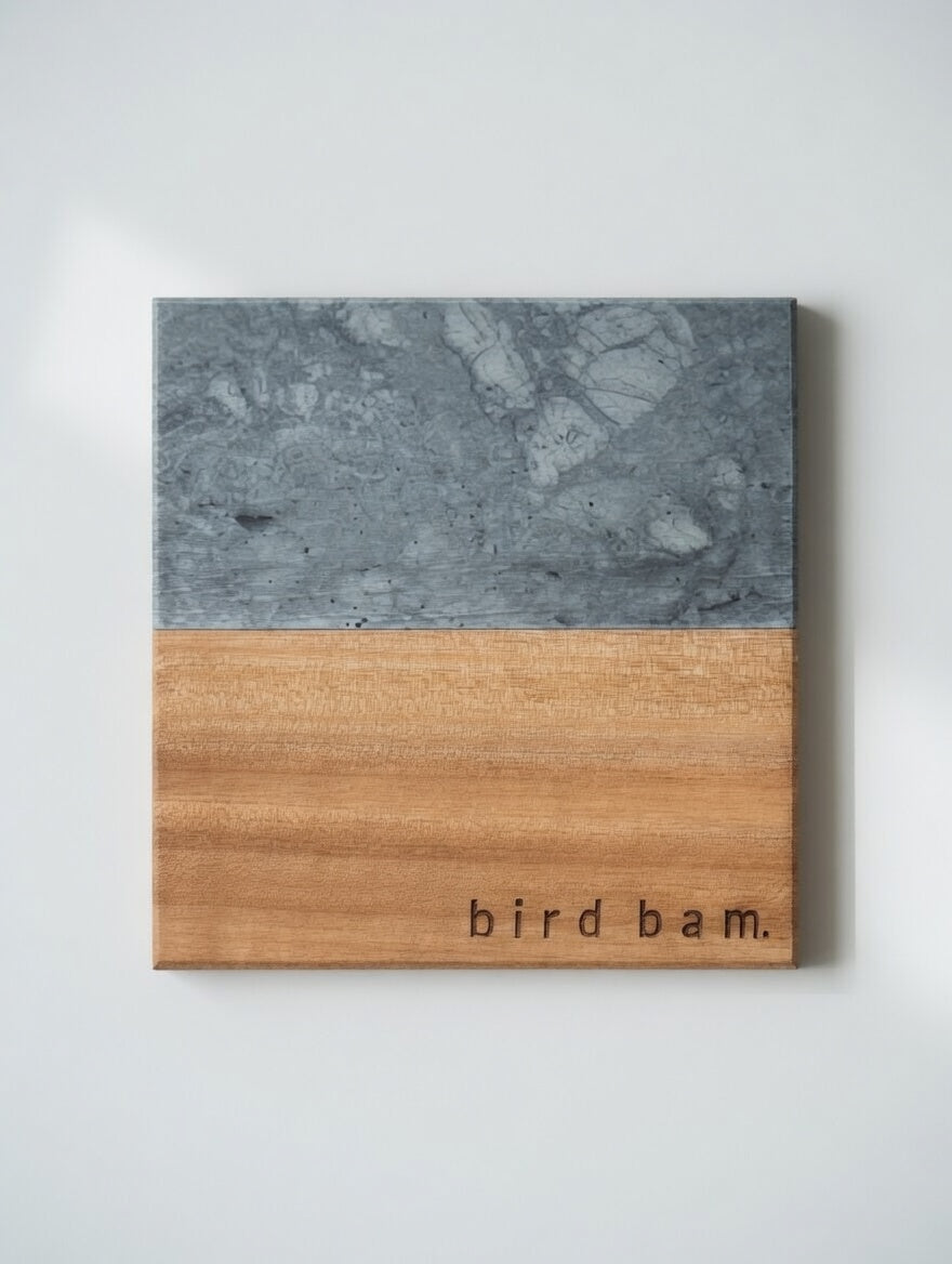 "Bird Bam" Engraved Marble & Wood Mahjong Coaster Set
