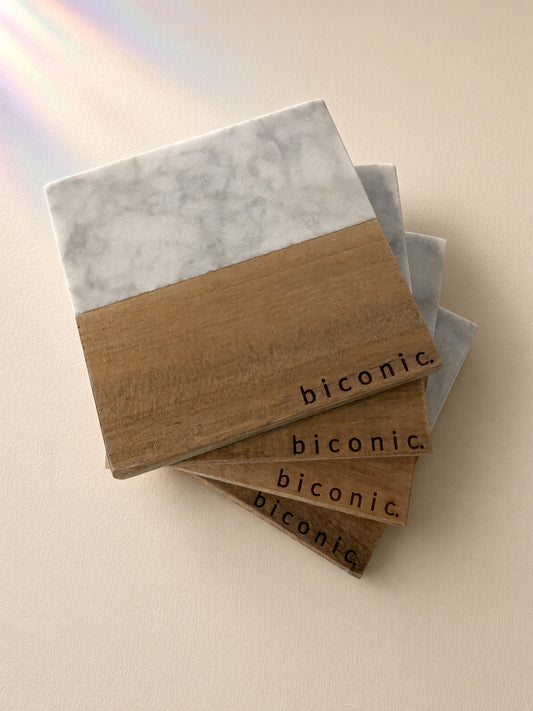 Biconic bisexual pride engraved marble and wood coasters, set of 4